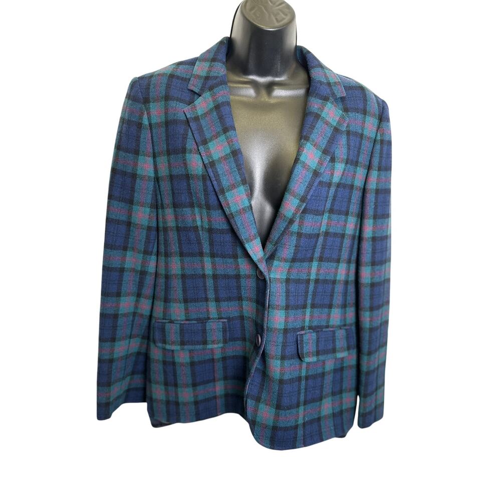Vintage Pendleton Watch Plaid Green Blue Wool Blazer 2 Button Womens 12 Academia